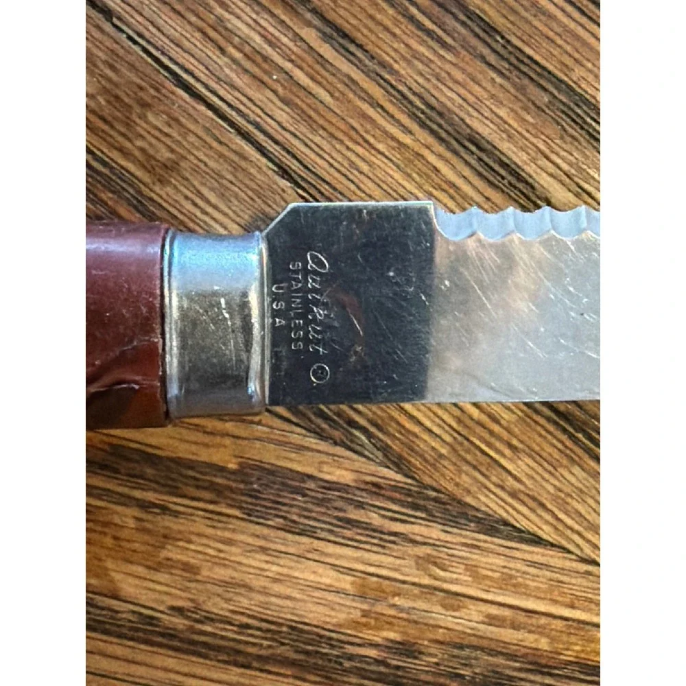 Vintage Quikut Stainless USA Serrated Steak Knife Faux Wood Handle Brown Silver
